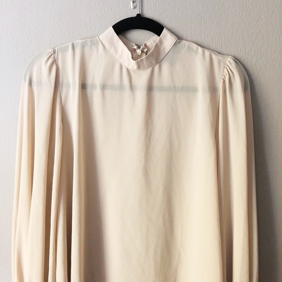 SOLD- Sheer blush nude mockneck gathered sleeve top - Picture 3 of 7